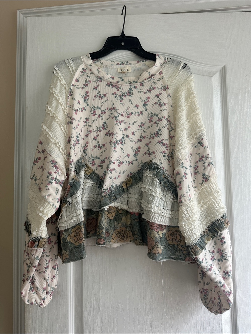 POL Cream Floral Ruffle Scoopneck Sweater with Pink and Sage Accents